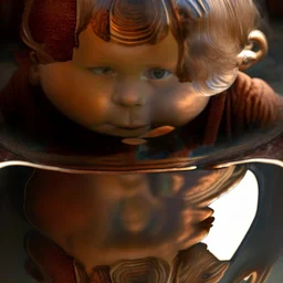 The reflection of a child on the surface of an old copper teapot