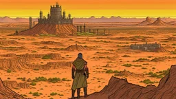 Desert warrior from behind looking at a city on a plateau in the distance, comic style