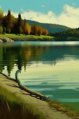 A hose in front of a lake , 4k, painted, in the style of Ferdinand Knab