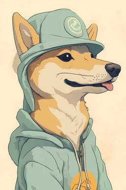 Cartoon side portrait of shiba betbool dog in a summer shirt with a etherume symbol in nice hoodie and hat,Van Gogh with his signature on it.