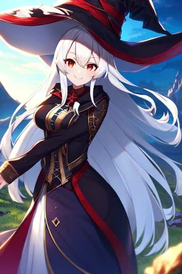 girl, masterpiece, best quality, cinematic lighting, detailed outfit, vibrant colors, perfect eyes, long hair, white hair, red eyes, witch outfit, smile, angry, landscape,