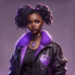 arcane tv show style, league of legends, solo, 1girl, attractive teenager, african, dark skin, dark-brown eyes, black hair, pair buns, (violet strand in forehead bang), necklace, earrings, modern makeup, (detailed skin texture), old leather jacket with violet fur collar, oversized torn t-shirt with half-erased unknown music group logo, You can see through the wide holes in the t-shirt her acid-green sport top, dark background, bokeh, cinematic atmosphere