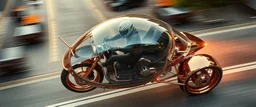 seen from above, tattoo style, motion blur, airbrush art, elon musk riding inside an awesome standing trike spaceship in copper, fast one in the shape of a transparent snail , now its gonna do an awesome gig , bokeh like f/0.8, tilt-shift lens 8k, high detail, smooth render, down-light, unreal engine, prize winning