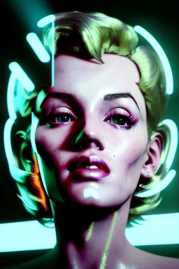 Ultra Realistic image, portrait, blonde woman, sweet Marylin Monroe face, perfect iris, glow eyes, gold makeup. Cyberpunk style, latex coat, fog, rain, soft color, highly detailed, unreal engine 5, ray tracing, RTX, lumen lighting, ultra detail, volumetric lighting, 3d, finely drawn, high definition, high resolution.