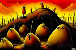 Potato famine beginning, by Gerald Scarfe and Pawel Kuczynski and Joan Miro, abstract surrealism, stylish digital illustration, sinister, phantasmagoric, organic structures, dadaism