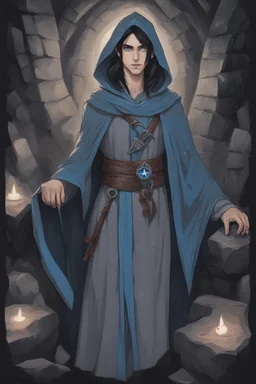 A DnD character in a dark cave. A mysterious half-elf twilight cleric with dark hair and blue eyes. Wearing a grey robe with star symbols on it.