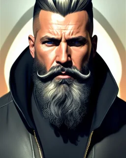 "MIddle aged white human male, with a trimmed but uneven beard, piercing eyes with slick back hair, full-scale head and shoulders portrait, 8k resolution concept art portrait by Greg Rutkowski, Artgerm, WLOP, Alphonse Mucha dynamic lighting hyperdetailed intricately detailed Splash art trending on Artstation triadic colors Unreal Engine 5 volumetric lighting Splash art fantasy"