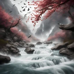 photorelastic Rustic cherry branches floating down narrow rushing river, violent rapids, white peaks, birds flying. Highly detailed, fantasy, beautiful,hyperrelastic,