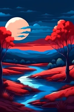 Desert with trees and river, moon at night, blue and red clouds