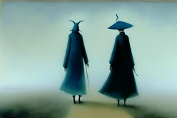 two people without gender seen from behind walking side by side in an empty foggy plain, above there is blue sky by artist "Leonora Carrington",by artist "Christian Schloe"