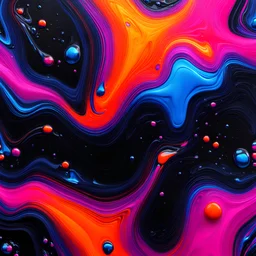 Top View Liquid ((marbling acrylic)) texture. Rorsacht test Neon red-orange, neon fuchsia on black with little metallic chrome electric blue. a few very little Bubble droplets.Full HD Realistic photo rendering