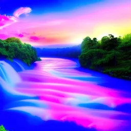 beautiful dream, mystical, cascades, high quality, masterpiece, pastel colors, blue river, pink clouds