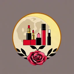 A circular logo designed for a cosmetics store with the symbol of the moon, which is decorated with cosmetics and nail polish, lipstick, body spray, and with a rose at the bottom, and gold, black, red, pink, and red colors are used in it.