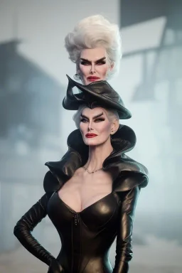 Carmen Dell`orifice as evil queen in black leather gown, angry, busty, curvey, cleavage, unreal 5, octane render,cinema4d, dynamic lighting, dramatic lighting, 4k, redshift render, highly detailed, hyper realistic