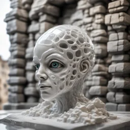 giger escher mind flawyer sculpture in transparent white murano glass in front of crumbeling stone wall,bokeh like f/0.8, tilt-shift lens 8k, high detail, smooth render, down-light, unreal engine,bokeh like f/0.8, tilt-shift lens 8k, high detail, smooth render, down-light, unreal engine