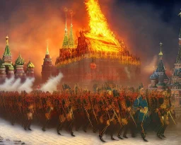 cruel satan president Vladimir Putin and Moscow in fire