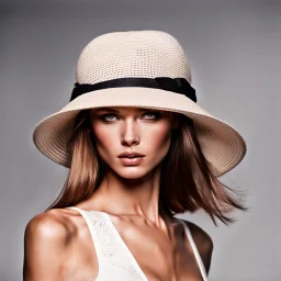 Female fashion model wearing a hat.