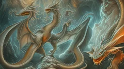 The flat walls of the chamber are decorated with shallow abstract carvings of dragons. A five-headed dragon, rising from an erupting volcano. Other dragons, which seem dwarfed by the five-headed monstrosity, flock to its side.