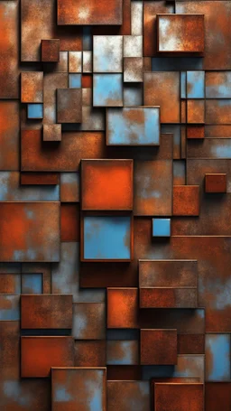 Cubism pattern of squares made out of rusty metal plates, overlaping, glass, rust, 3d elements, in the style of Piet Mondriaan, painting, conceptual art, illustration, 3d render