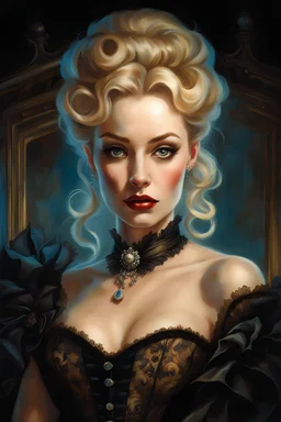 Blonde Thin very curvy Scandinavian Woman 30yo, Big Eyes, Long Eyelashes, Eyeshadow in a victorian corset dress flirting by Gil Elvgren and Alex Ross and Carne Griffiths, detailed painting with dramatic shading, at night