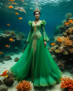 Gorgeous Photography Beautiful Queen Luxury Dress Traditional Javanese Color Green,She Walk in An underwater scene teeming with colorful coral, full many clownfish, and gentle sea turtle