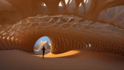 A person standing inside of a wooden structure, infinite fractal waves, architecture award winner, Autodesk, sand dunes, by Alexander Robertson, flowing fabric, speleothems, exaggerated details, non-pleated section, plexus, beautiful artist rendering