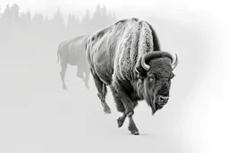 Bison walking towards viewer's right, on white background, fades out on the left