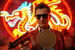 bob saget with beretta as james bond the spysex dragon coin multi color neon sign on fire, ultimate psychedelic beauty, wide angle