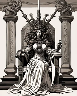 full-length, detailed persona, sword in hand, gorgon medusa, sitting on a throne in a relaxed pose