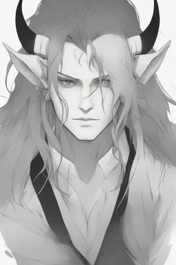 A dnd character portrait, a tiefling man with long hair and two black horns, white eyes and pale skin. Handsome. Young.