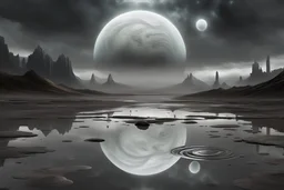 grey sky, planet in the sky, puddle, sci-fi, mountains, galactic cosmic influence