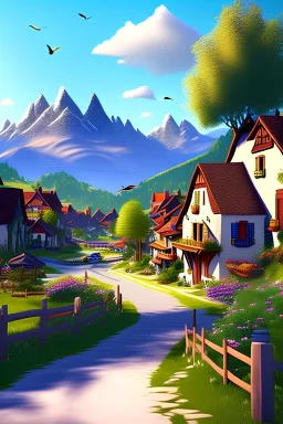 Beautiful village, houses, Mountains, trees, birds, beautiful,3d illustration.