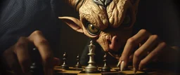 pin hole cam, master oil painting by Rembrandt, realistic rendering one eyed media chess demon a sense of depth