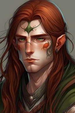 Young elf man ,long auburn hair, not good looking, green eyes, double chin , rune tattoos