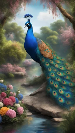 Create a picture of a strange colorful peacock standing near its twigs of branches and flowers lying on the river bank, decorated with flowers, highly detailed, maximalist, dreamy setting, high fine defined details, sharp, high resolution HDR 8x Modifiers: מרשים במיוחד זוהר במיוחד יצירתי ומיוחד מסובך