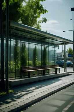 Parada de bus moderno, con plantas colgantes