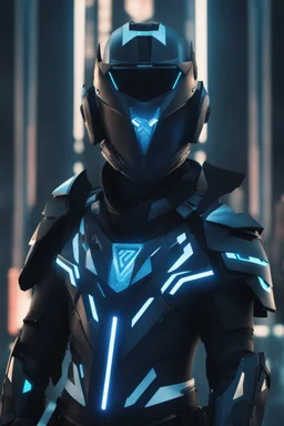 cyberpunk, neon blue, triangle of light floating behind the back, cyber armor, geometric patterns on an armor, male