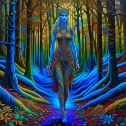 Cuerpo completo, cuerpo completo, Pintura arte lineal de una Reyna elfo caminando en el bosqu, coloreada, maximalista, calidad ultra, hiperdetallada, 12k