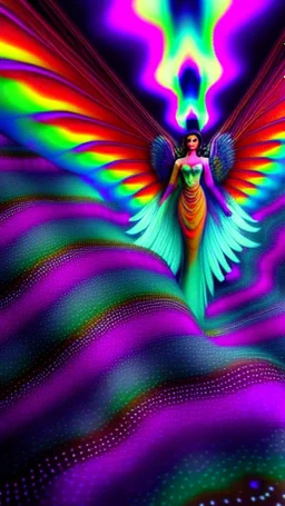 close up of a psychedelic angel flying in a magic forest full of coloured mushrooms, fluorescent, ultra detailed, photorealistic, Android Jones style