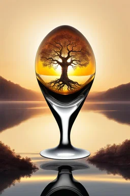 a glass spoon with a tree inside, dark fantasy digital art, melting sun, golden dawn, powerful zen composition, tear drop, award-winning render, connectedness, hypersphere, dribbble, golden aura, by artist "Henri Matisse", by artist "Salvator Dali "