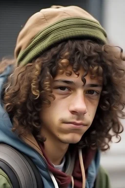 Homeless teenager with curly hair