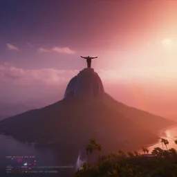 Christ the Redeemer, sunset, rainbow sunset, waterfall, palms, twigs, spring, sunset rainbow, flying birds, unreal engine 5, cinematic lighting, realistic, hyper detailed, 8k, octane render, cinema 4d