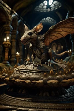 terrifying winged rat hovering above golem sculpture with rattle snake head on underground bone bridge, in the style of fantasy movies, photorealistic, shot on Hasselblad h6d-400c, zeiss prime lens, bokeh like f/0.8, tilt-shift lens 8k, high detail, smooth render, down-light, unreal engine 5, cinema 4d, HDR, dust effect, vivid colors