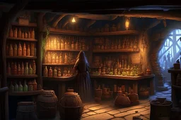 inside of a medieval shop, wooden walls, log pillars, stone bar with shop keeper behind it, magical ingredients on display and weapons on display. people, elves, goblins, orcs, dwarves and lizard folk in room. low lighting and creatures in containers. shelves half empty