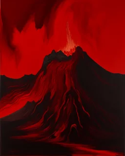 A dark red volcano with flowing lava painted by Clyfford Still
