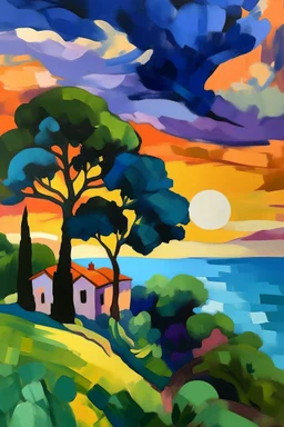 Sunset over south of France in the style of Cezanne