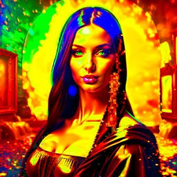 Imagine Mona Lisa as a modern girl, modern suit, tie, tuxedo, lifting effect makeup, nude lips, glitter - glitter, full color eyelids, ultra quality, hyper detailed, digital art, 8k