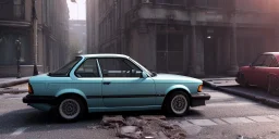 an abandoned 1990 bmw 2-door 4k ,ultra realistic,concept, 4k ,on street, parked in crowded city winter,8k resolution, high-quality, fine-detail