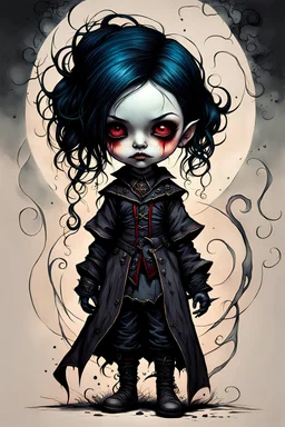 create a highly ethereal, darkly magical full body portrait illustration of a lonely orphan goth vampire girl , with highly detailed and deeply cut facial features, in the the style of JEAN-BAPTISTE MONGE, searing lines and forceful strokes, precisely drawn, boldly inked, with vibrant colors