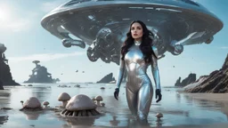 woman with dark hair in a silver robotic catsuit, standing on a futuristic alien beach with a crashed spaceship in the water, with mushrooms with octopus tentacles flying in the air